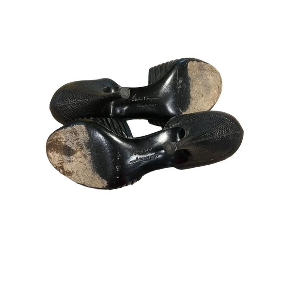Salvatore Ferragamo D'Orsay Black Heels Pumps Open Toe Reptile Print Leather Sz - Picture 7 of 7